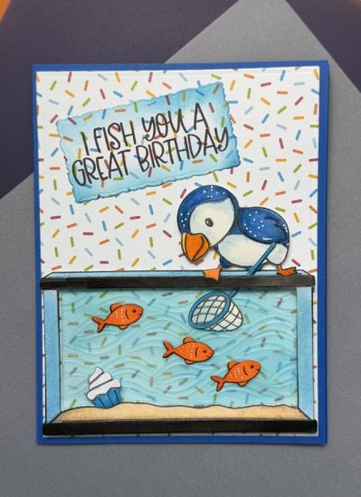 Puffin fishing a great birthday
Puffin fishing in the fishtank fishtank2stamp, puffin love cupcake from cupcake delight vellum paper embossed with seawave stencil (aquarium back)
Keywords: puffin aquarium fish tank birthday