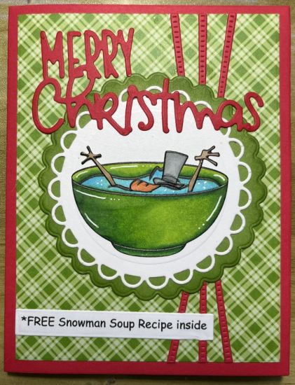 Snowman Soup for Christmas
Based on the Snowman Soup stamp set, it's a Christmas card using the chips galore bowl and parts from the Snowmen2stamp  set. 
Keywords: ChipsGalore CircleDies FauxTwineDie Snowman soup chip bowl Christmas