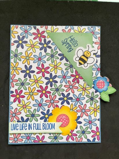 Bees and Flowers 
A Frankencard (multiple sets) to celebrate Spring. This card was created for a layout challenge
Keywords: bees flowers corner fold