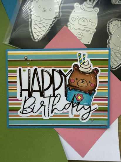 Birthday Bear Ice Cream
A happy birthday card with a chocolate ice cream bear. The happy birthday is from the 5x7 card base The bear is from the Ice Cream Cuties set. 
Keywords: birthday bear ice cream