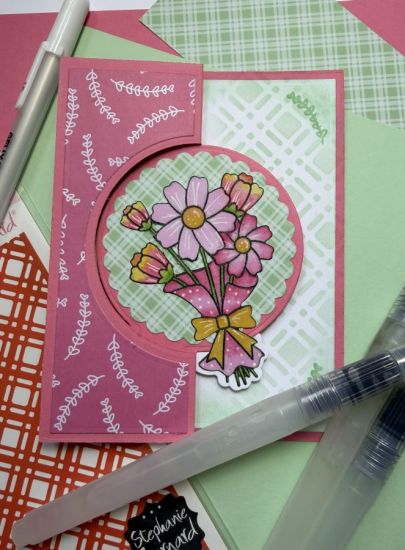 Bunches of Blooms Flip-it
An A2 round flip-it using the bunches of blooms set.  The plaid stencil was used on the inside, and watercolor brushes and ink were used for the tulips.
Keywords: flip-it bouquet