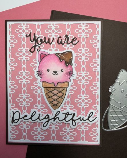 Delightful Kitty Cone
A delightful kitty ice cream cone.  It's just an appreciation card using the ice cream cuties set and some miscellaneous word dies.  The 'you are' is from a word die that says you are beautiful.  The background is the swirly chain A2 background. 
Keywords: kitty ice cream delightful pink swirly