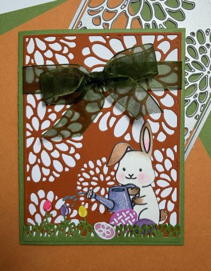 Easter Bunny with watering can
Easter Bunny watering egg-flowers.  I used the Mums A2 background die and the gardenbunny2stamp set.  I also used eggs from the wagon2stamp add-ons and grass from the mushrooms2stamp set. 
Keywords: easter bunny watering mums chrystanthemums