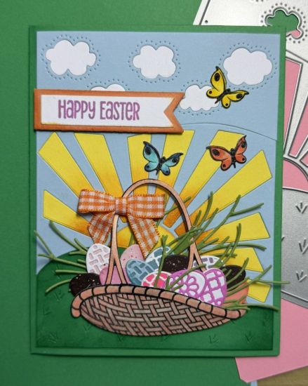 Easter egg basket 
An easter egg basket with butterflies.  I used the cloud A2 tri-background with the basket from the bunches of bloom basket, eggs from the wagon2stamps extras and butterflies from the birdbath2stamp set. Grass in the basket is from Thoughtful Flowers
Keywords: tri background easter basket eggs sunshine