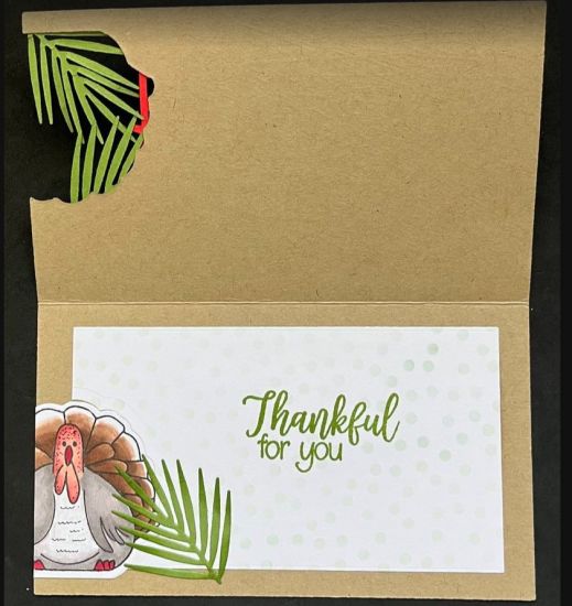Hidden Thanksgiving Turkey (inside)
A mini slimline card using the turkey pudgie and foliage and digital printout  from the jungle animals class. The sentiment is from leafs2stamp
Keywords: turkey thanksgiving slimeline