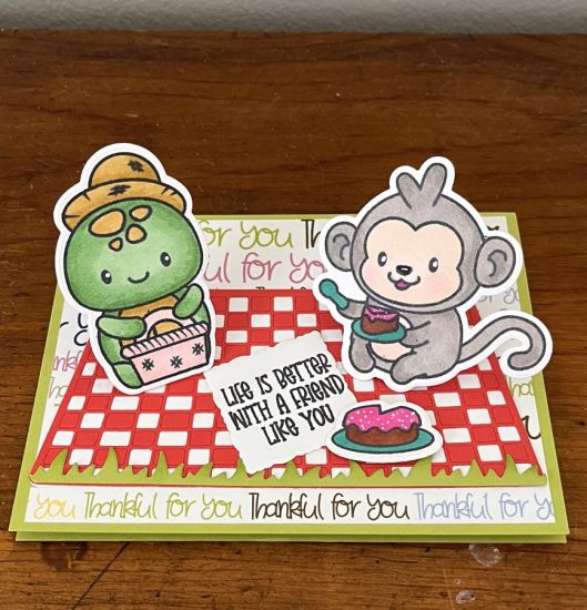 Pop Up Picnic
Front image of Pop Up Picnic card
Keywords: picnic turtle monkey checkered pop-up