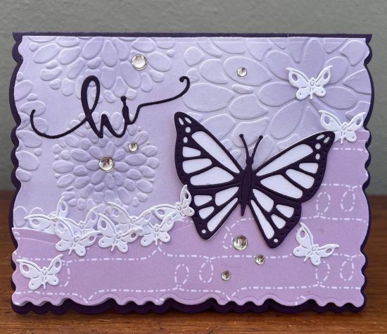 Purple butterfly and friends say hi
A bunch of butterflies on a mum embossed background
Keywords: butterflies mums purple pixie deckle