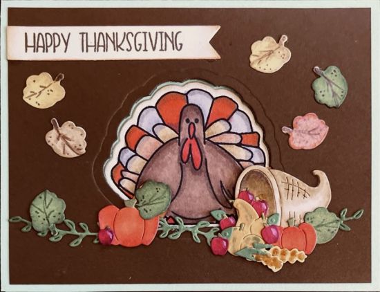 Pudgie Turkey with Cornucopia
a cut-out card using the turkey pudgie, shadow dies from the bumblebee2stamp set for the leaves and the freebie cornucopia die. 
Keywords: turkey thanksgiviing cornucopia