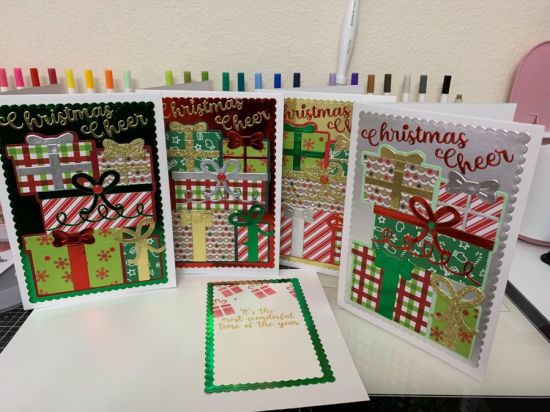 Gifts Galore Christmas Cards
Christmas Cards; 5x7 Deckle Edge Frames; Christmas Cheer word die from previous card kit; Inside Sentiment from Holly Wreath; Gifts Galore Stencil.
Keywords: Christmas