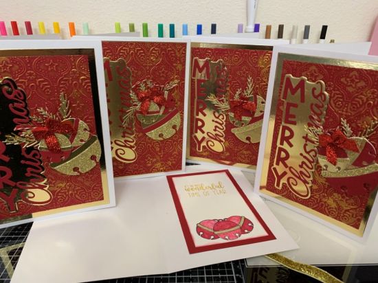 Christmas Cards
I used the Stand and Say Merry Christmas; Jinglebells2stamp and die set; 5x7 Frame dies.  Background embossing folder with Lunar Paste from my stash
Keywords: Christmas Cards