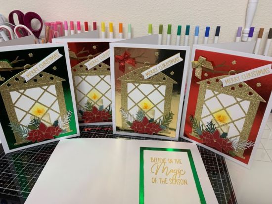 Christmas Card with Lantern Fold It
I used the Lantern Fold it; poinsettia from Wreaths2stamp / dies; sentiments from HSN Elf with Lights Stamp and Dies; Leaves from PineCone2stamp / dies; branch from Winter birds.
Keywords: Christmas Cards