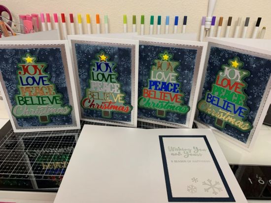 Christmas Cards
I used the Joy Tree Fold it; 5x7 Stitched die set; Snowflake Stencil with Powder sugar ink; Sentiment from Holiday Sentiment Stamp set; 
Keywords: Christmas Cards