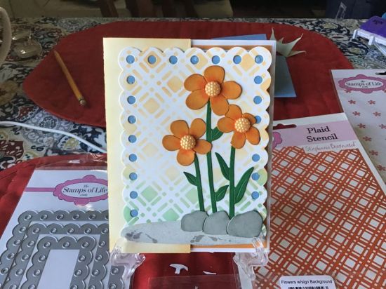 Get Well 
Ink used: Marigold, Cloud, Sky, Grass 
Card Stock: powder Sugar, Sky, Marigold 
Keywords: Gate fold A2 card Die Big eyelet scallop rectangles get well