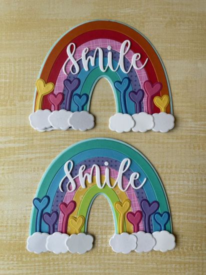 April 2023 Fold-It Rainbow 
Shaped Card
Keywords: Rainbow, hearts, smile, shaped card