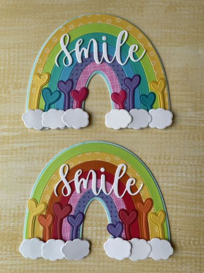 April 2023 Fold-It Rainbow
Shaped Card
Keywords: Rainbow, shaped card, hearts, smile,