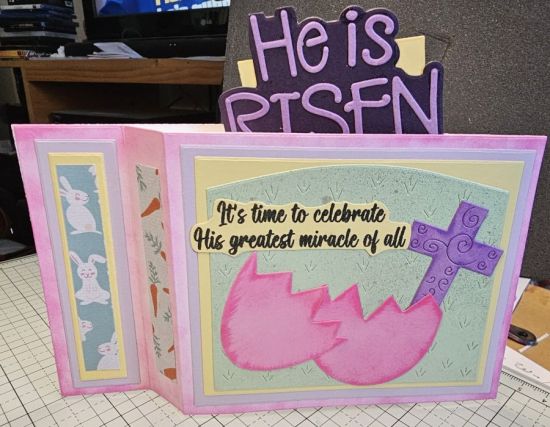 Easter Surprise Swiper Card
Easter Card for the peeps.  Lots of fun making this card.  The idea just came.  Glad I purchased the He Is Risen from HSN.  Had first only purchased for the sentiments.  Hey the background and cross came in perfect.  Hope ya'll enjoy the creation. 
Keywords: Easter Surprise Swiper